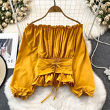 grunge outfits Spring and Autumn Korean Style Hooded off-Shoulder off-Shoulder Waist Slimming Waist-Sealing Pullover Shirt Women's Western Style Short Top