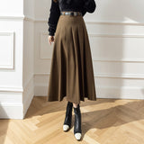 church outfit Large Swing Slimming Woolen Long Skirt 2024 Winter New High Waist Mid-Length Pleated Skirt