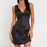 pop culture dress to impress Satin Wide Shoulder Strap V-Neckline Sleeveless Lace Mini Dress Satin Mini Dess