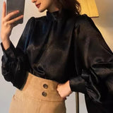 2000s fashion Spring and Autumn Korean-Style Fashionable Stand Collar Personalized All-Match Lantern Sleeve Satin Shirt Top for Women