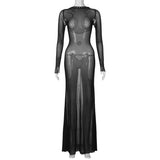 cybergoth dress to impress Fashionable New Spring Women's Sexy Mesh Backless Lace-up Long Sleeve Super Long Dress Women