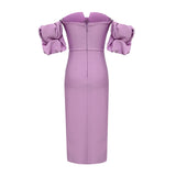 rainforest dress to impress Summer New Purple Puff Sleeve off-Shoulder Ruffled Mid-Length Bandage Dress Sexy Tight Style