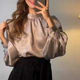 2000s fashion Spring and Autumn Korean-Style Fashionable Stand Collar Personalized All-Match Lantern Sleeve Satin Shirt Top for Women