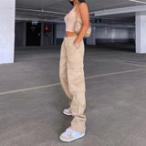 2000s fashion Women's Street Fashion Multi-Pocket Workwear Straight Trousers High Waist Slimming Loose Khaki Jeans for Women