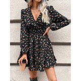 teacher outfits Spring and Autumn New French Floral Print Lantern Sleeve Ruffled Hem Dress