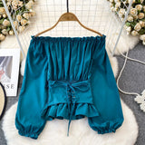 grunge outfits Spring and Autumn Korean Style Hooded off-Shoulder off-Shoulder Waist Slimming Waist-Sealing Pullover Shirt Women's Western Style Short Top