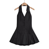 harajuku fashion dress to impress American Hot Girl Artistic Halter V-neck Striped A- line Skirt Low Waist Pleated Dress Slim Slimming Backless