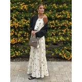 going out outfits Summer New Blogger Small Flower Embroidered Strap High Waist Skirt Long Skirt Suit