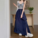 Picsgirl 90s fashion 2024 Gentle Style Blue Drawstring Skirt Women's Early Autumn Lazy Slimming A- line Skirt Long Skirt