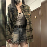 grunge outfits Retro Green Plaid Shirt Coat for Women Spring and Autumn 2024 New Small Loose Slimming Shirt Top