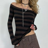 grunge dti off-Shoulder Contrast Color Striped T-shirt 2024 Autumn New Women's Slim Slimming Long Sleeve Knitted Top