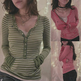 Picsgirl outfit inspo Autumn and Winter Single-Breasted Knitted Striped Long-Sleeved T-shirt Deep V-neck Hot Girl Tight Sexy Top Female