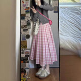 church outfit Pink Plaid Skirt for Women plus Size Chubby Girl Pear-Shaped Korean Style High Waist All-Match Plaid Pleated A- line Dress