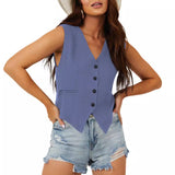 2000s fashion Shiying New V-neck Women's Vest Solid Color Retro Slim-Fit Button Pocket Sleeveless Top for Women