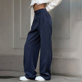 2000s fashion Navy Blue Striped Wide-Leg Pants for Women 2024 Autumn and Winter New Casual Suit Pants Draping Trousers for Women