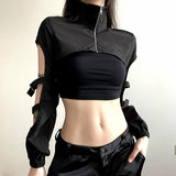 reality television dress to impress Dark Functional Style Irregular Hollow Book Bag Buckle Stand Collar Workwear Blouse Hot Girl Cool Wear Super Short Coat