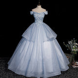 prom dresses Blue Evening Dress 2024 Pettiskirt off-Shoulder Performance Dress Vocal Dress Host Banquet Colored Yarn