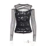 Picsgirl grunge dti Summer New Personalized Women's Clothing Dark Style Hot Girl Sexy Slim Mesh Ripped Long-Sleeved Top for Women