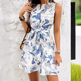 Picsgirl hoco dresses Women's Clothing 2024 Summer New Fashion Elegant Blue Sleeveless Printed Lace-up Short Skirt Commuter Style