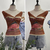 grunge dti Lace Stitching Tie-Dyed Printed Mesh Flanging Low-Cut V-neck Twisted Pleated Short T-shirt Small Shirt 