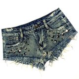 2000s fashion Ultra Short Rivet Denim Shorts Ultra Low Waist Hot Pants Punk Style Nightclub Women's Pants Fur Fringe Ripped Washing Water