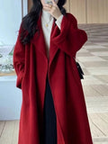 barn jacket outfits Red Woolen Coat Women's Mid-Length 2024 Spring and Autumn New Loose Woolen Coat