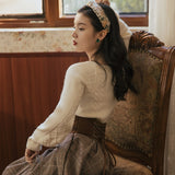 2000s fashion Autumn and Winter New Twist Square Collar Long Sleeve Thick Sweater + Lace Plaid Woolen Skirt Two-Piece Set