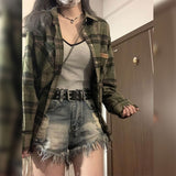 grunge outfits Retro Green Plaid Shirt Coat for Women Spring and Autumn 2024 New Small Loose Slimming Shirt Top