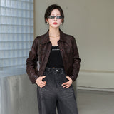 y2k outfits Fall 2024 New Simple and Capable Slim Fit Slimming Regular Sleeve Versatile PU Leather Coat Retro Maillard