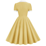 decades dti Lapel Solid Color Stitching Button Fashion Stitching Dress Large Swing Skirt 