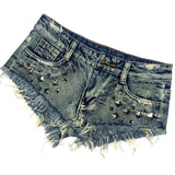 2000s fashion Ultra Short Rivet Denim Shorts Ultra Low Waist Hot Pants Punk Style Nightclub Women's Pants Fur Fringe Ripped Washing Water