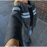 going out outfits Striped Leather Jacket Coat 2024 Fashionable Women's Autumn and Winter Zipper Long Sleeve Coat