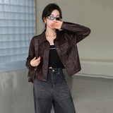 y2k outfits Fall 2024 New Simple and Capable Slim Fit Slimming Regular Sleeve Versatile PU Leather Coat Retro Maillard