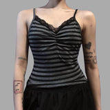 y2k American Hot Girl Lace Stitching Pleated Slim Fit Small Sling Sexy Low Collar Contrast Color Striped Back