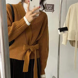 2000s fashion Knitwear Bow Strap V-neck Women's High Waist Cardigan Sweater Women's Coat Outer Top French Style