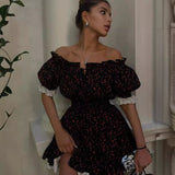 Picsgirl cybergoth dress to impress Sweet Puff Sleeve Dress Women's Summer Neckline Lace Stitching Floral Skirt Women