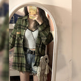 grunge outfits Retro Green Plaid Shirt Coat for Women Spring and Autumn 2024 New Small Loose Slimming Shirt Top