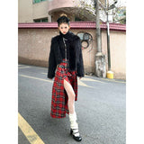 2000s fashion Retro Street Red Plaid Skirt Women's Spring and Summer New High Waist Straight Slimming Mid-Length Split Skirt Chic