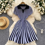 alien invasion dress to impress French Style Niche Retro Contrast Color Lapel Short Sleeve Striped Dress Women's Waist Slimming Temperament A- line Knitted Skirt