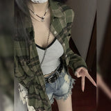 grunge outfits Retro Green Plaid Shirt Coat for Women Spring and Autumn 2024 New Small Loose Slimming Shirt Top