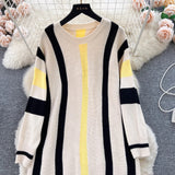 Picsgirl business casual outfits Lazy Style Dress Women's Autumn and Winter Loose Casual Underwear Sweater Dress Slimming Temperament Striped Contrast Color Dress