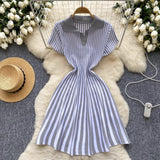 alien invasion dress to impress French Style Niche Retro Contrast Color Lapel Short Sleeve Striped Dress Women's Waist Slimming Temperament A- line Knitted Skirt