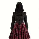 pop culture dress to impress Halloween New plus Size Gothic Dress Drawstring Hooded Plaid Stitching Sweater Short Sleeve