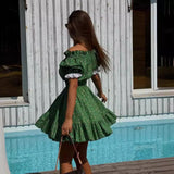 cybergoth dress to impress Sweet Puff Sleeve Dress Women's Summer Neckline Lace Stitching Floral Skirt Women