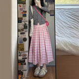 church outfit Pink Plaid Skirt for Women plus Size Chubby Girl Pear-Shaped Korean Style High Waist All-Match Plaid Pleated A- line Dress