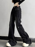 2000s fashion Y2k American Retro Harajuku Jeans Women's Street Hip Hop Patch Distressed Wide-Leg Pants Slim Slimming Pants Ins