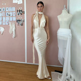 pop culture dress to impress Style 2024 Hot New Sexy Elegant Solid Color Deep V-neck Halter Strap Backless Sheath Dress