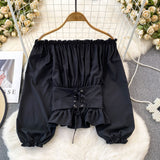 grunge outfits Spring and Autumn Korean Style Hooded off-Shoulder off-Shoulder Waist Slimming Waist-Sealing Pullover Shirt Women's Western Style Short Top