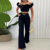 y2k outfits 2024 Summer New Women's Clothing Solid Color off-the-Neck Navel Top Sweet and Spicy Style Two-Piece Set