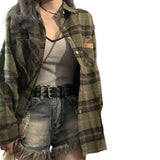 grunge outfits Retro Green Plaid Shirt Coat for Women Spring and Autumn 2024 New Small Loose Slimming Shirt Top